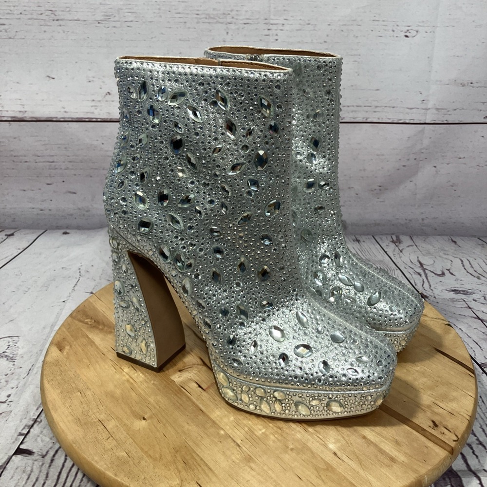 Jessica‎ Simpson Rhinestone Platform Ankle Boots Silver Crystal Womens 9 NWOB